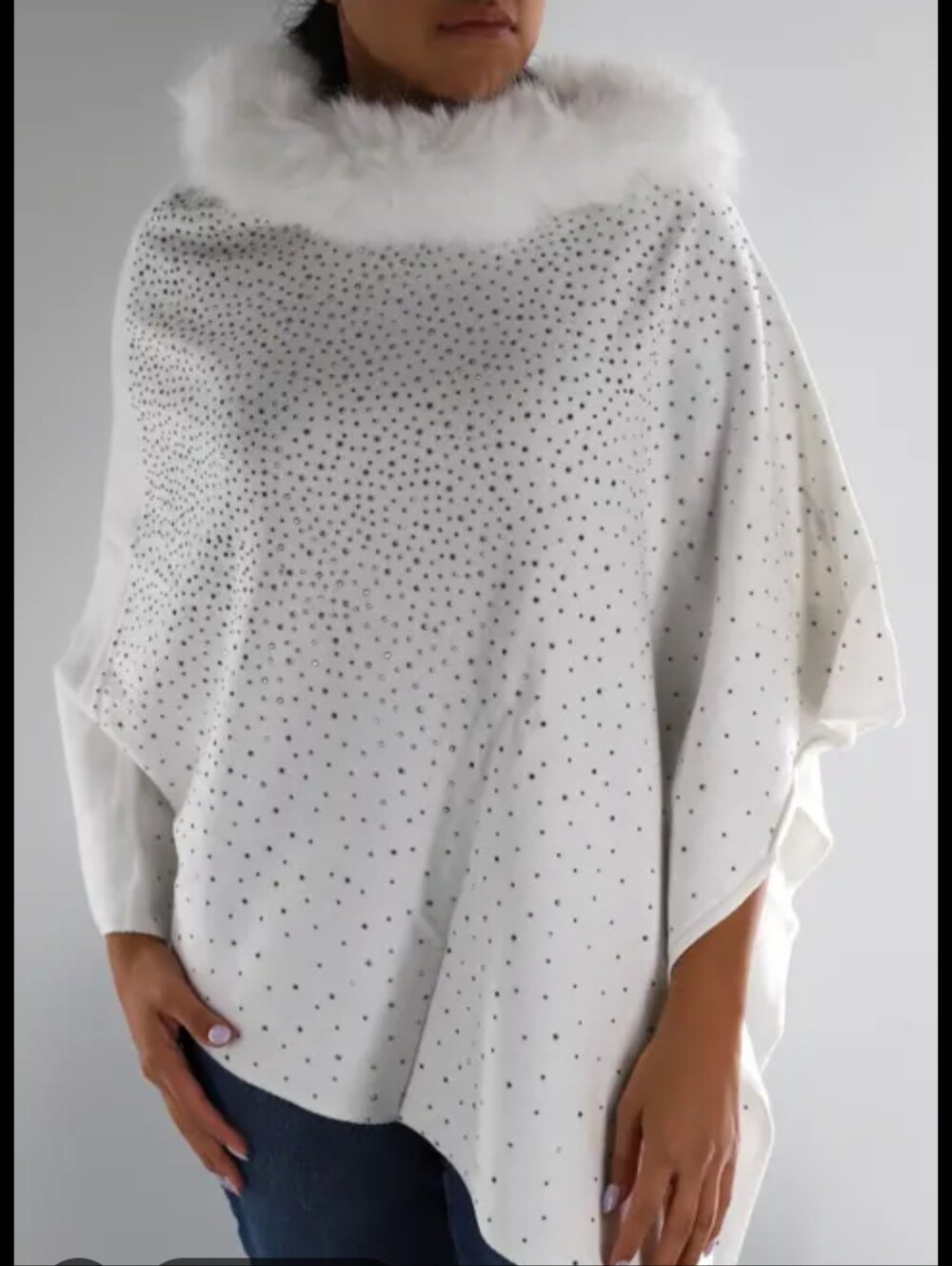 La Fiorentina White Embellished Poncho with Faux Fur Trim - One Size(MSRP: $269)